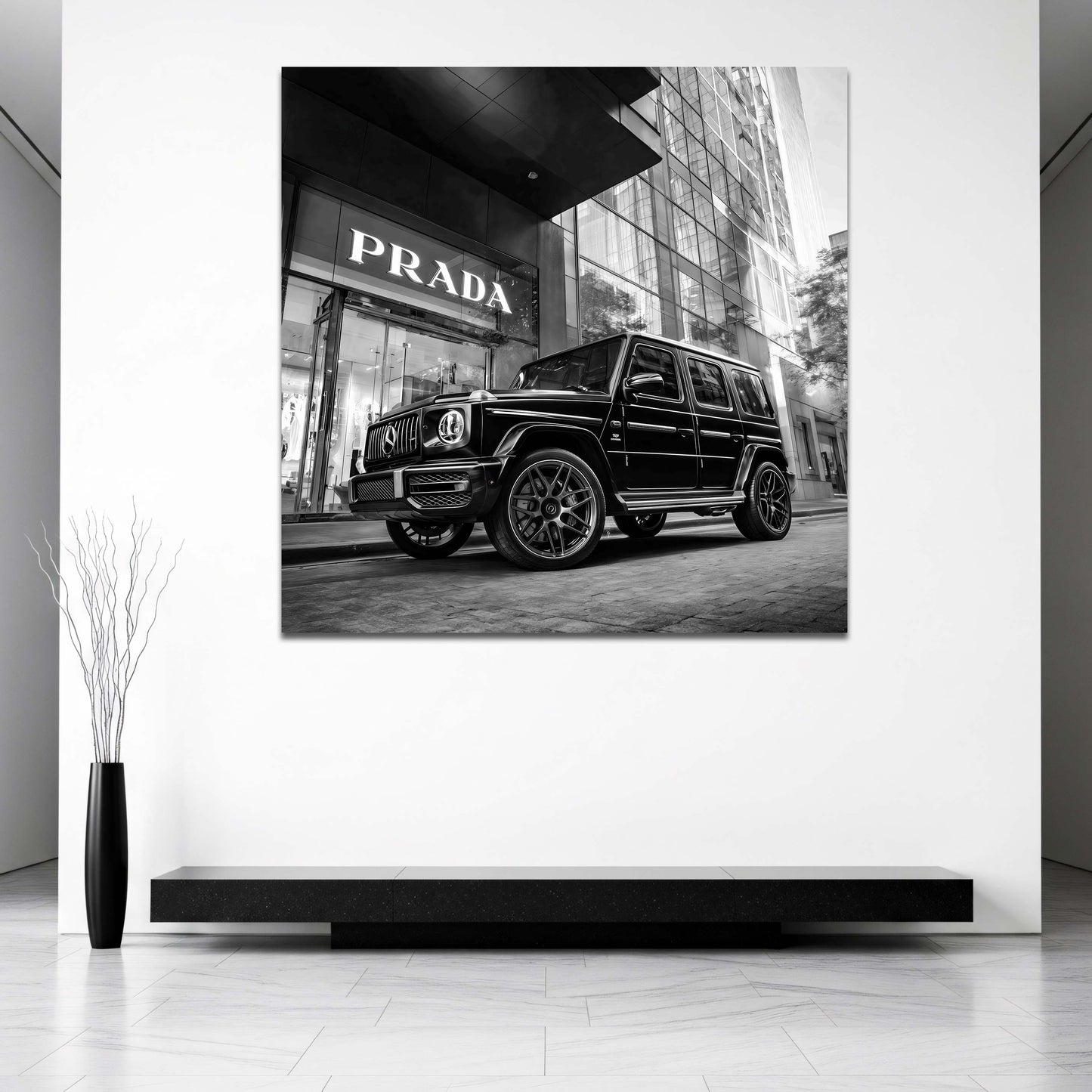Fashion Boutique und SUV elegant monochrom Stadt Wandbild