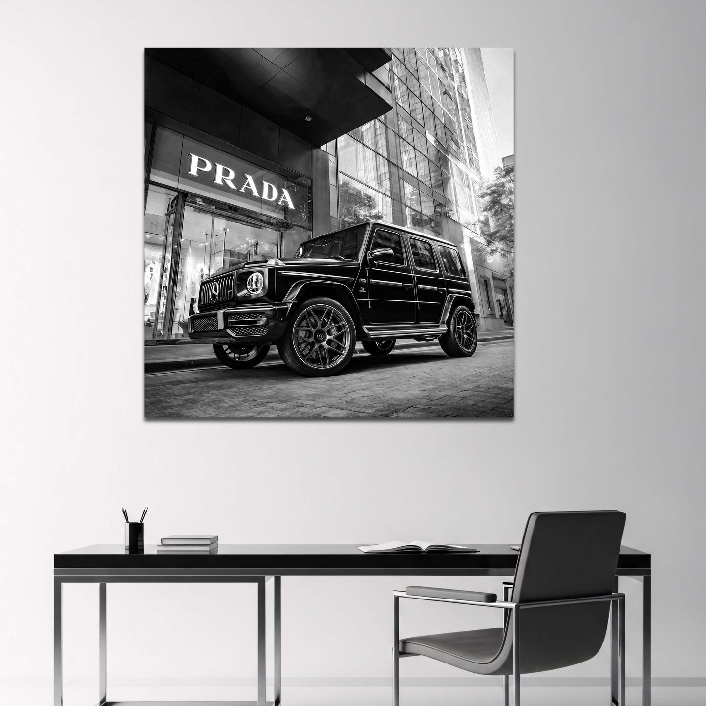 Fashion Boutique und SUV elegant monochrom Stadt Wandbild
