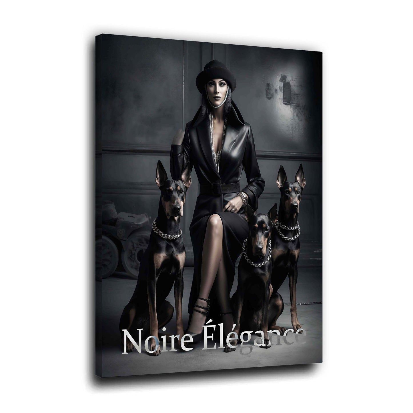 Fashion Diva mit Hunden Noire Élégance schwarz weiß Dominanz und Eleganz vereint Wandbild