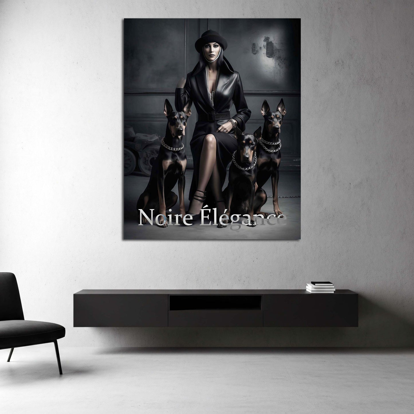 Fashion Diva mit Hunden Noire Élégance schwarz weiß Dominanz und Eleganz vereint Wandbild