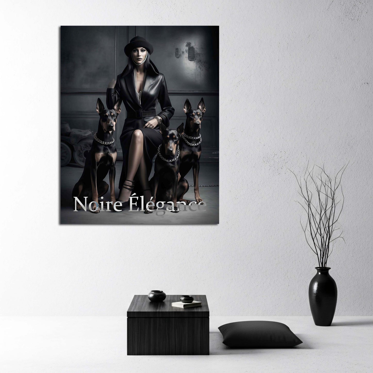 Fashion Diva mit Hunden Noire Élégance schwarz weiß Dominanz und Eleganz vereint Wandbild