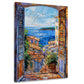 Wandbild mit Fensterblick auf Küstenstadt und blaue Bucht