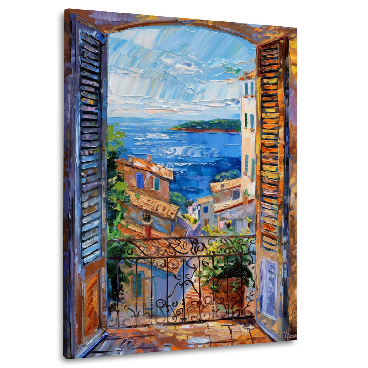 Wandbild mit Fensterblick auf Küstenstadt und blaue Bucht