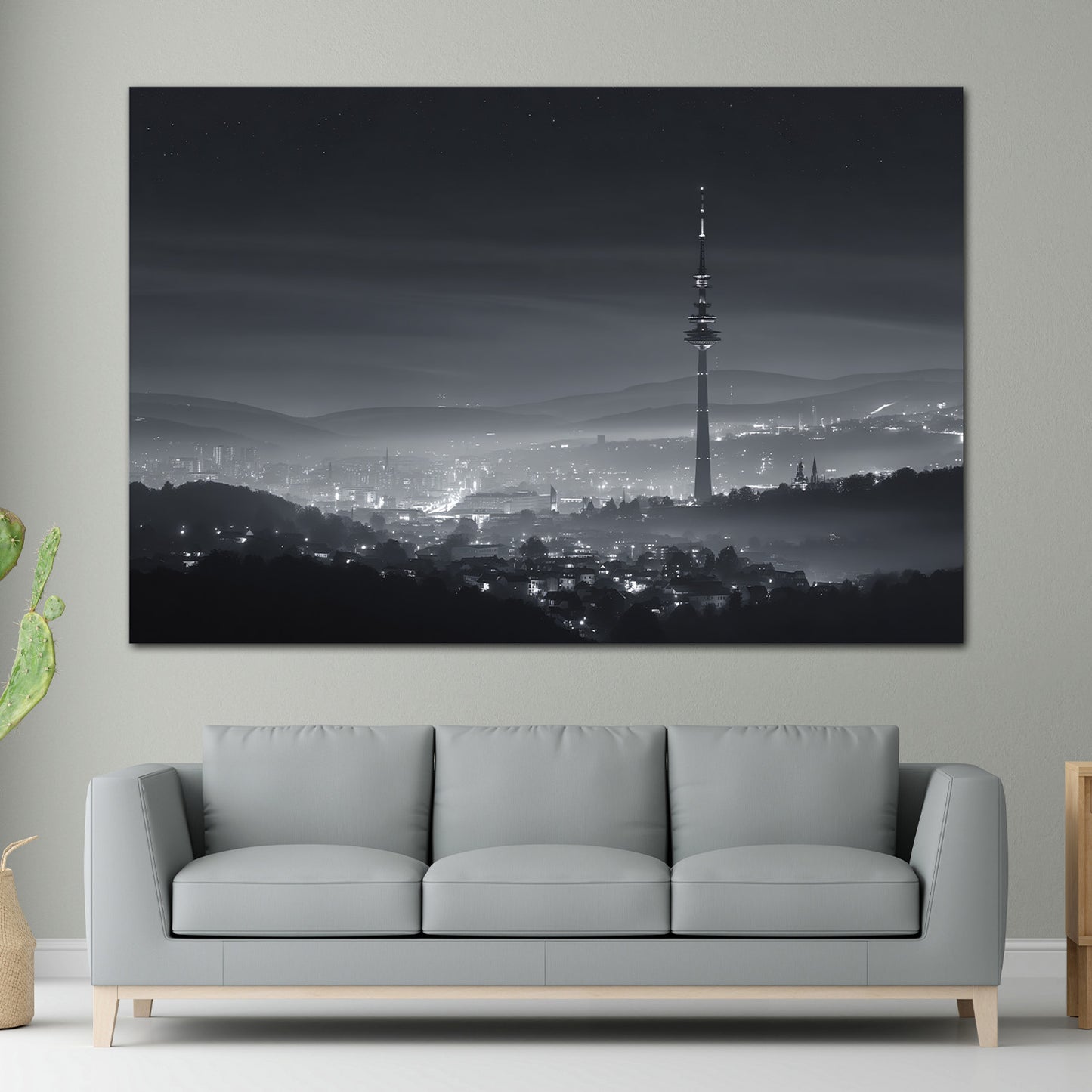 Fernsehturm Stuttgart Hügelblick Nachtstimmung schwarz weiß Wandbild