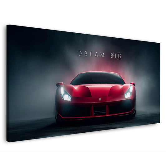 Ferrari rotes Luxus Auto im Nebel Nacht Dream Big Erfolg Wandbild