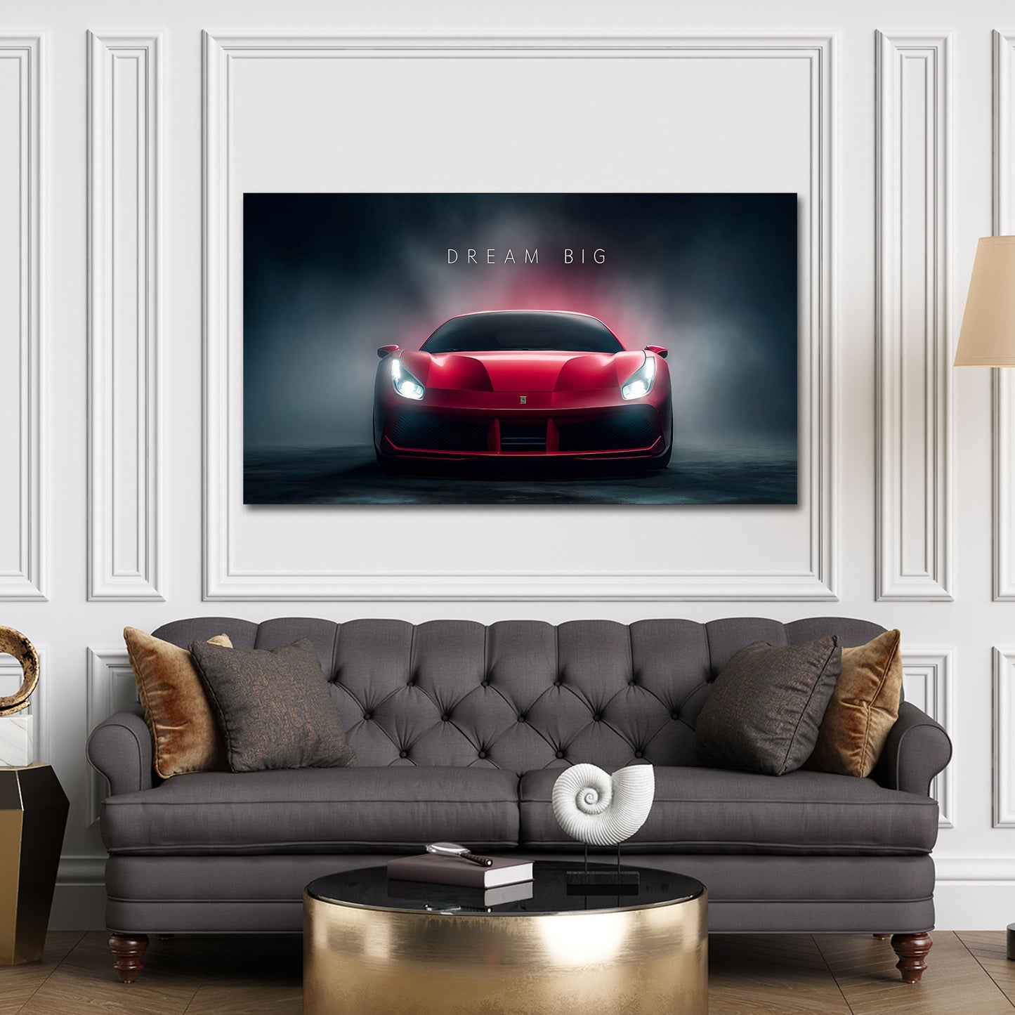 Ferrari rotes Luxus Auto im Nebel Nacht Dream Big Erfolg Wandbild