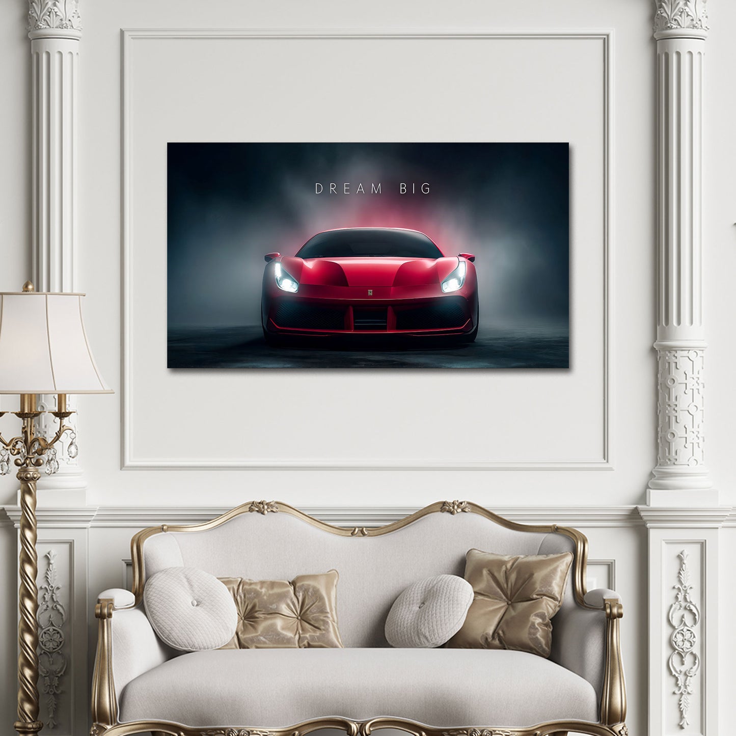 Ferrari rotes Luxus Auto im Nebel Nacht Dream Big Erfolg Wandbild
