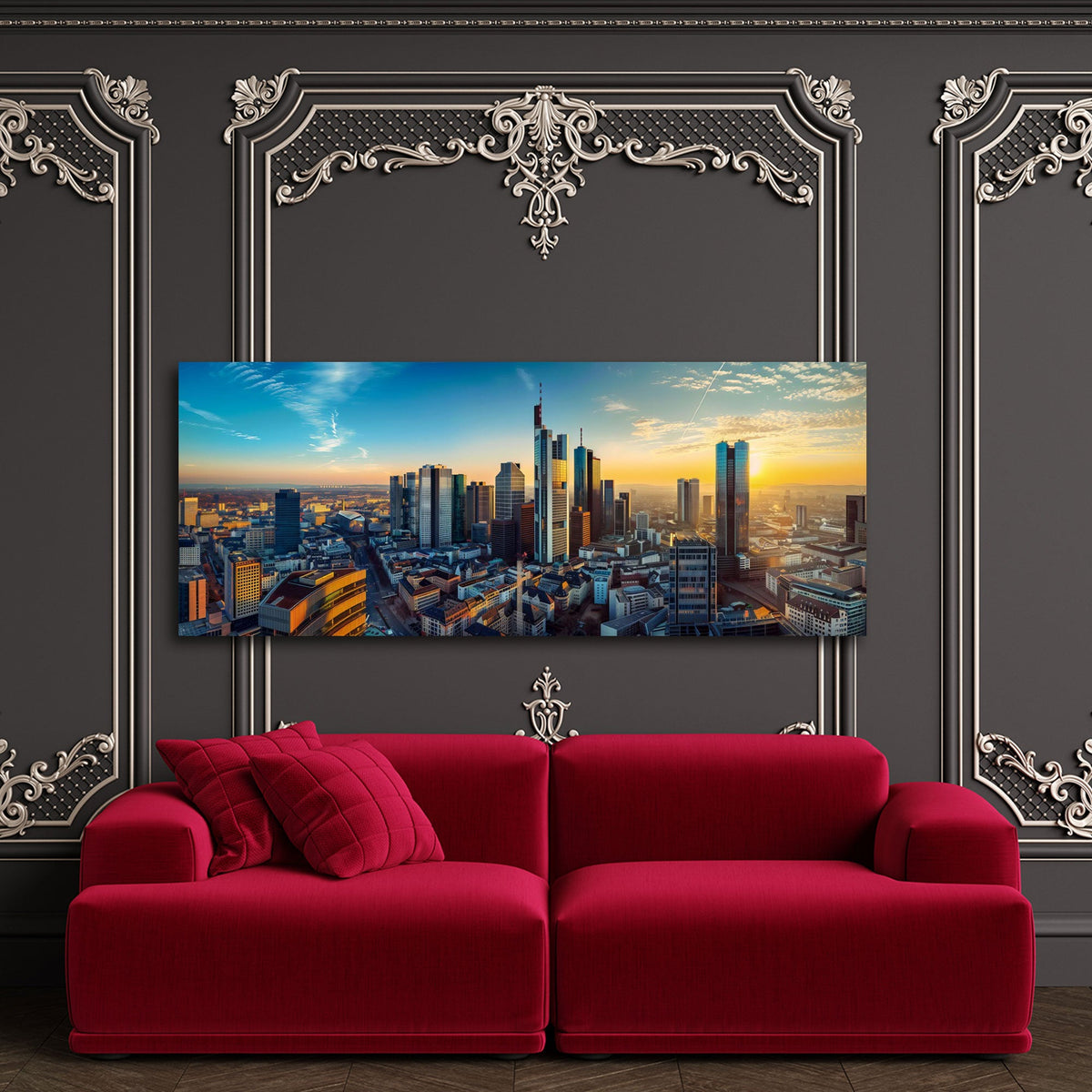Frankfurt Skyline Wandbild über dem Sofa im Wohnzimmer