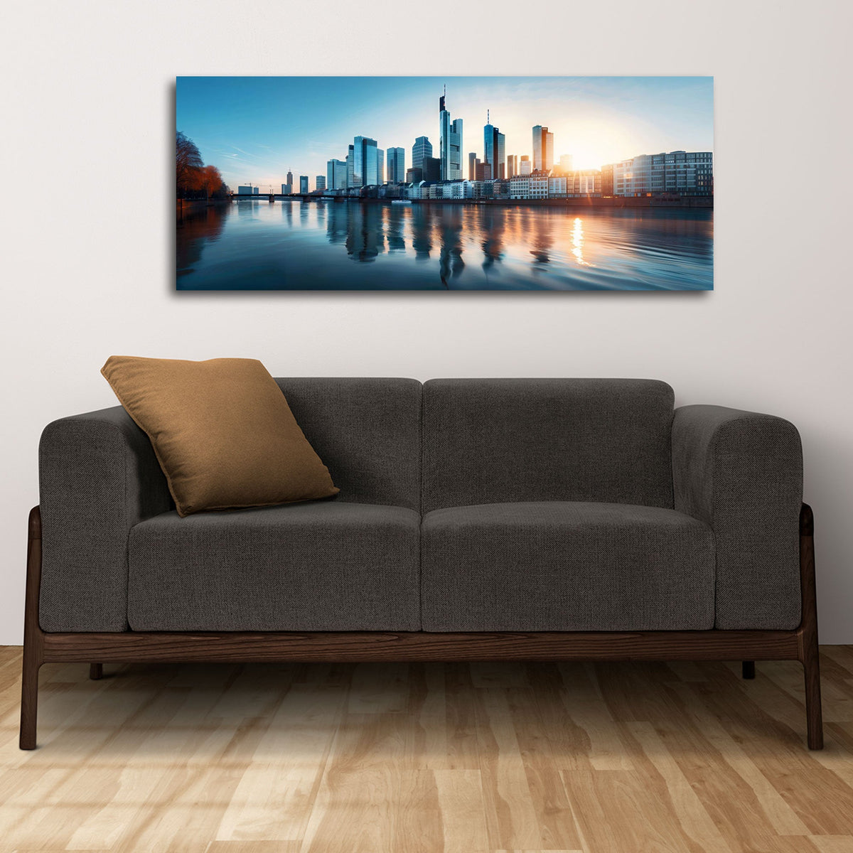 Frankfurt Panorama Wandbild über dem Sofa im Wohnzimmer