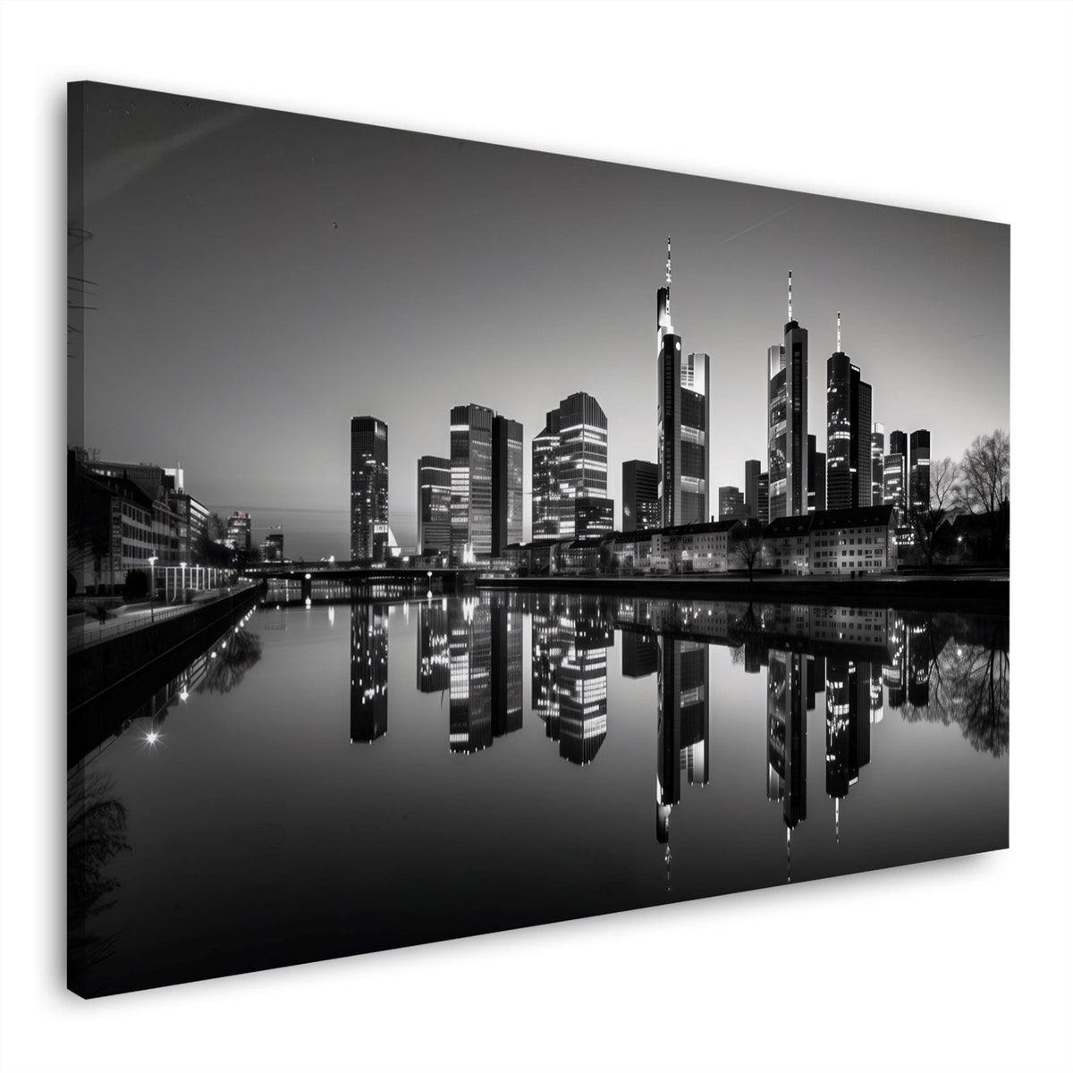 Schwarz-Weiß Wandbild mit Frankfurt bei Nacht und Spiegelung im Main