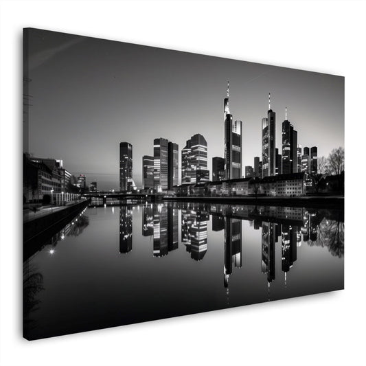 Schwarz-Weiß Wandbild mit Frankfurt bei Nacht und Spiegelung im Main