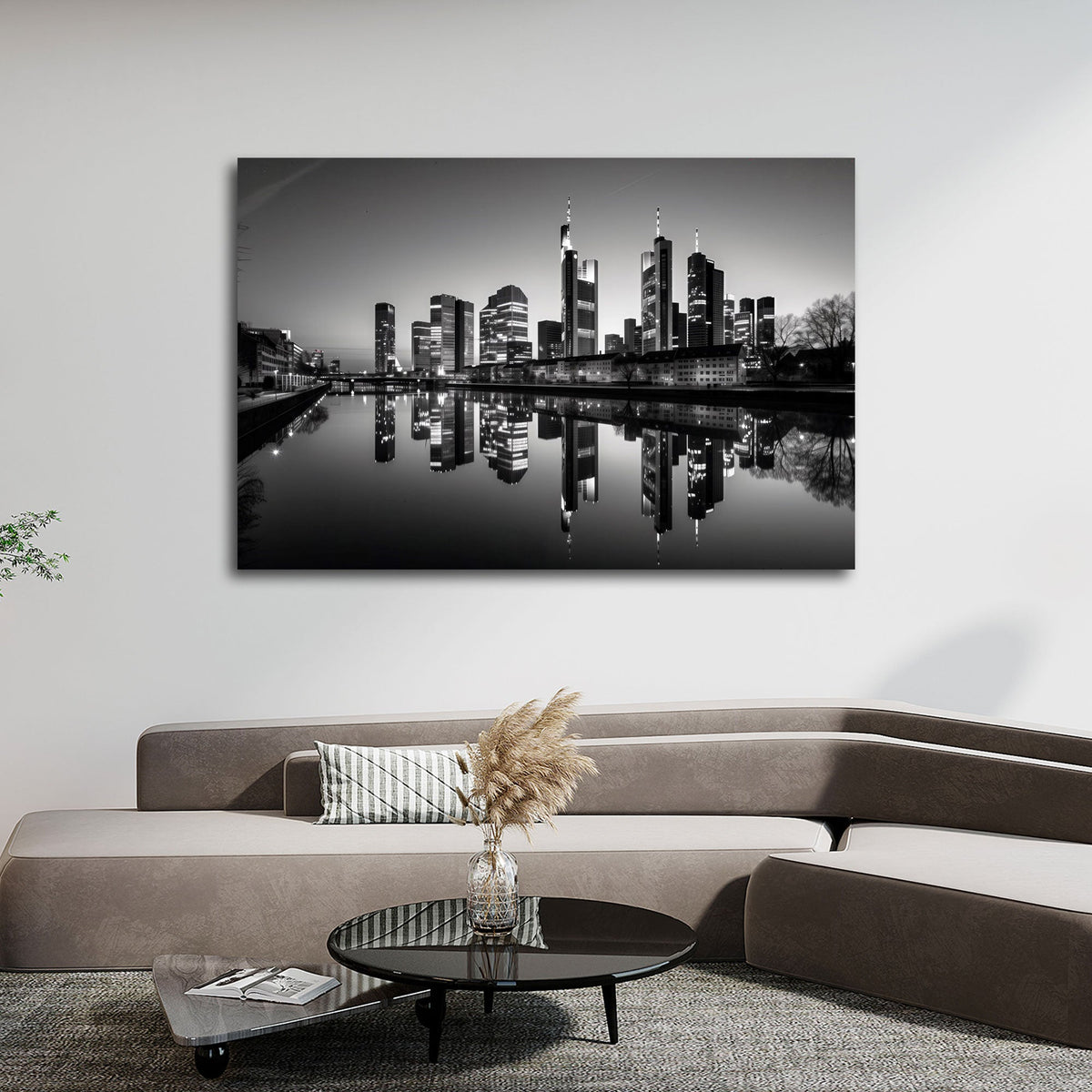 Frankfurt Nacht Wandbild über dem Sofa im Wohnzimmer