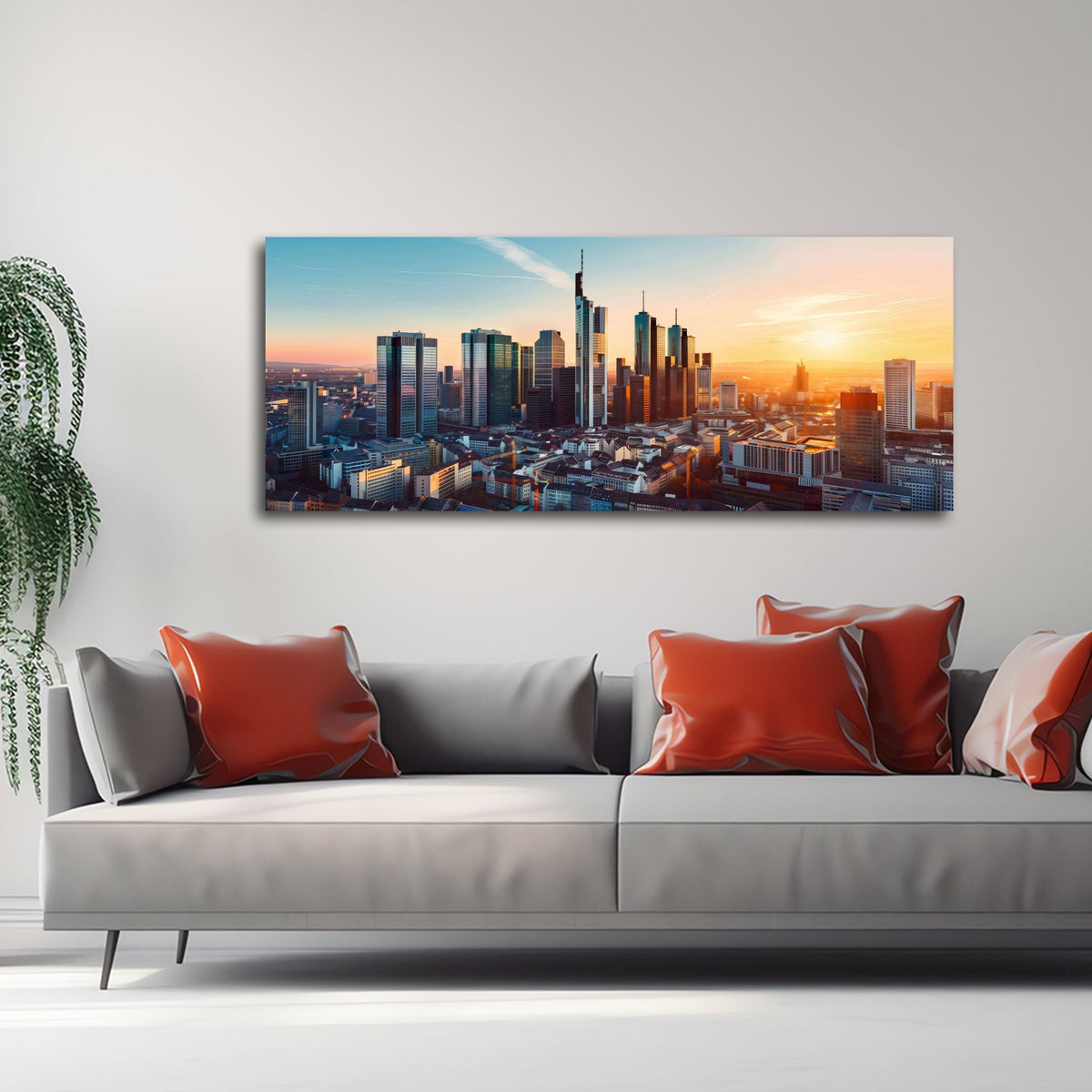 Frankfurt Skyline Wandbild über dem Sofa im Wohnzimmer