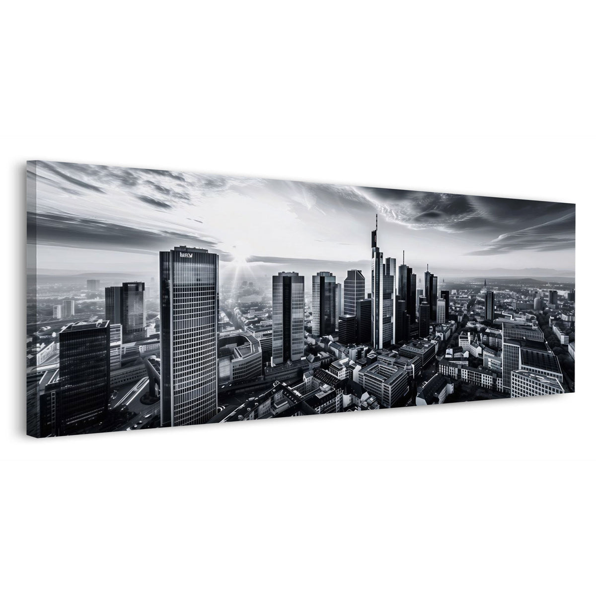Schwarz-Weiß Panorama Wandbild mit Frankfurter Skyline und Wolken