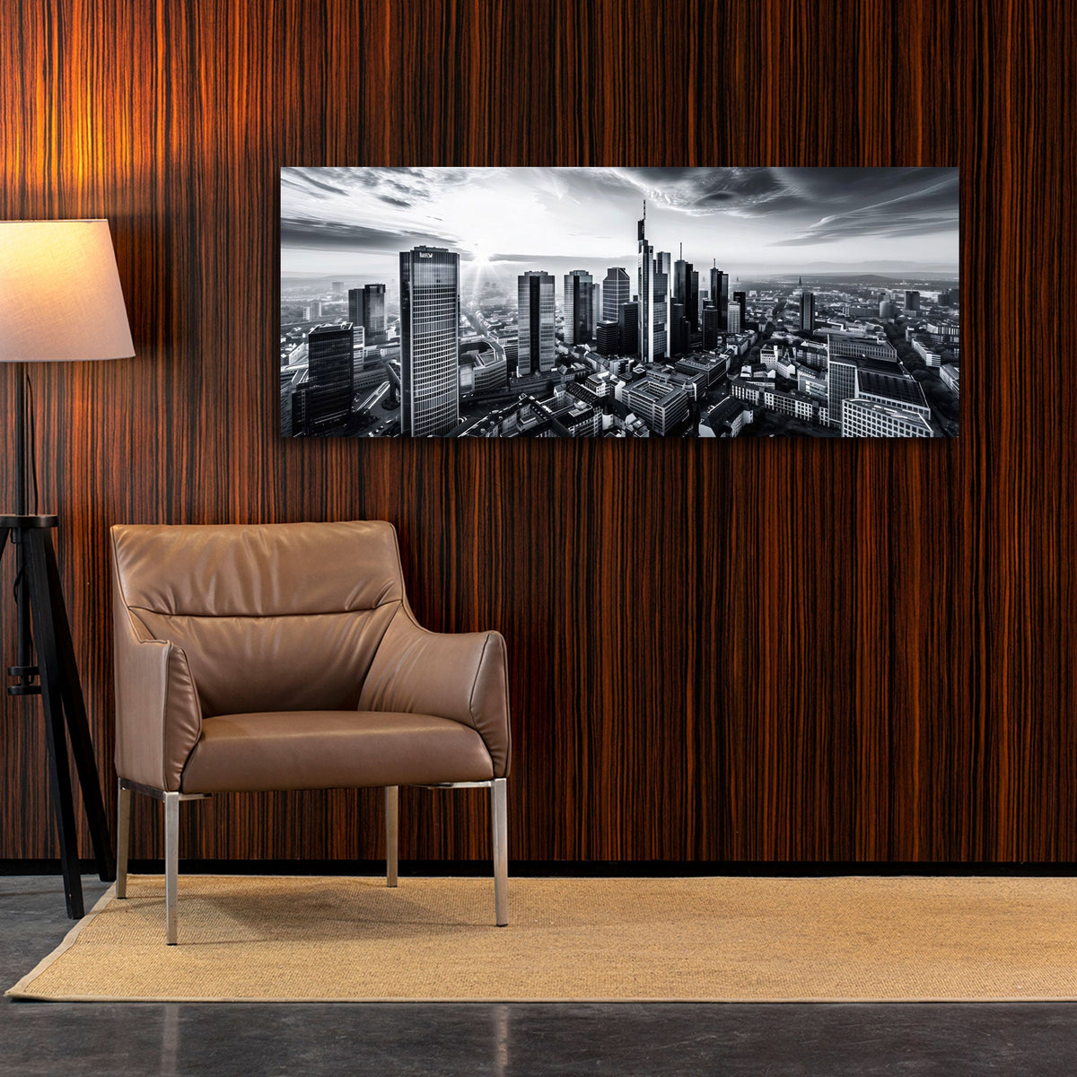 Frankfurt Panorama Wandbild über dem Sofa im Wohnzimmer