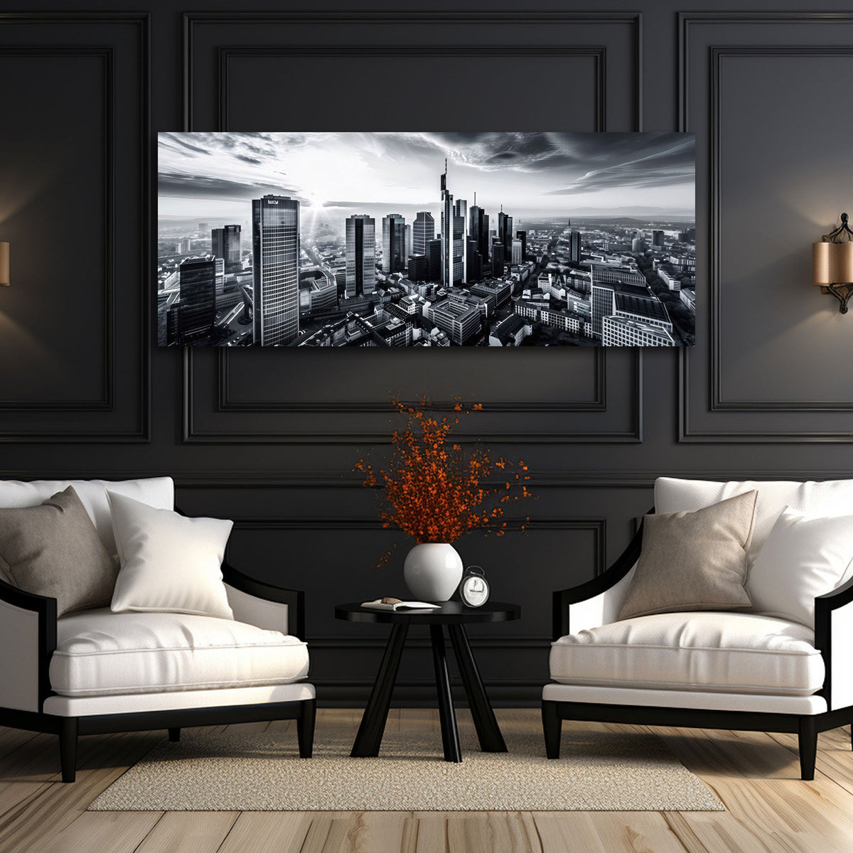 Monochromes Städte Panorama als Blickfang im Büro