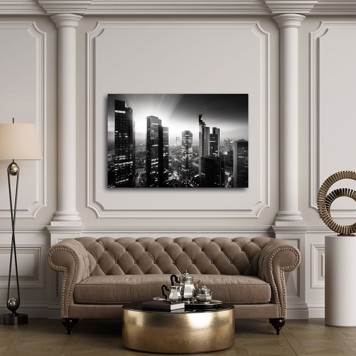 Frankfurt Wandbild in Schwarz-Weiß über dem Sofa im Wohnzimmer