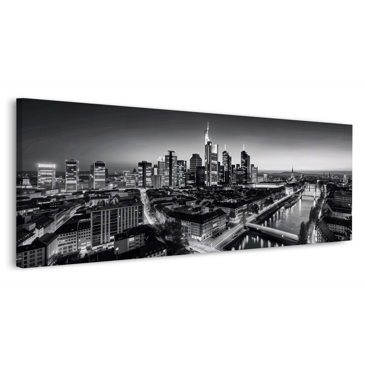 Panorama Wandbild mit Frankfurter Altstadt und Skyline in Schwarz-Weiß