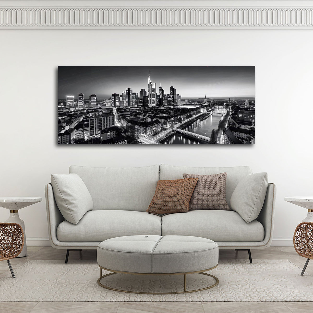 Frankfurt Panorama Wandbild über dem Sofa im Wohnzimmer