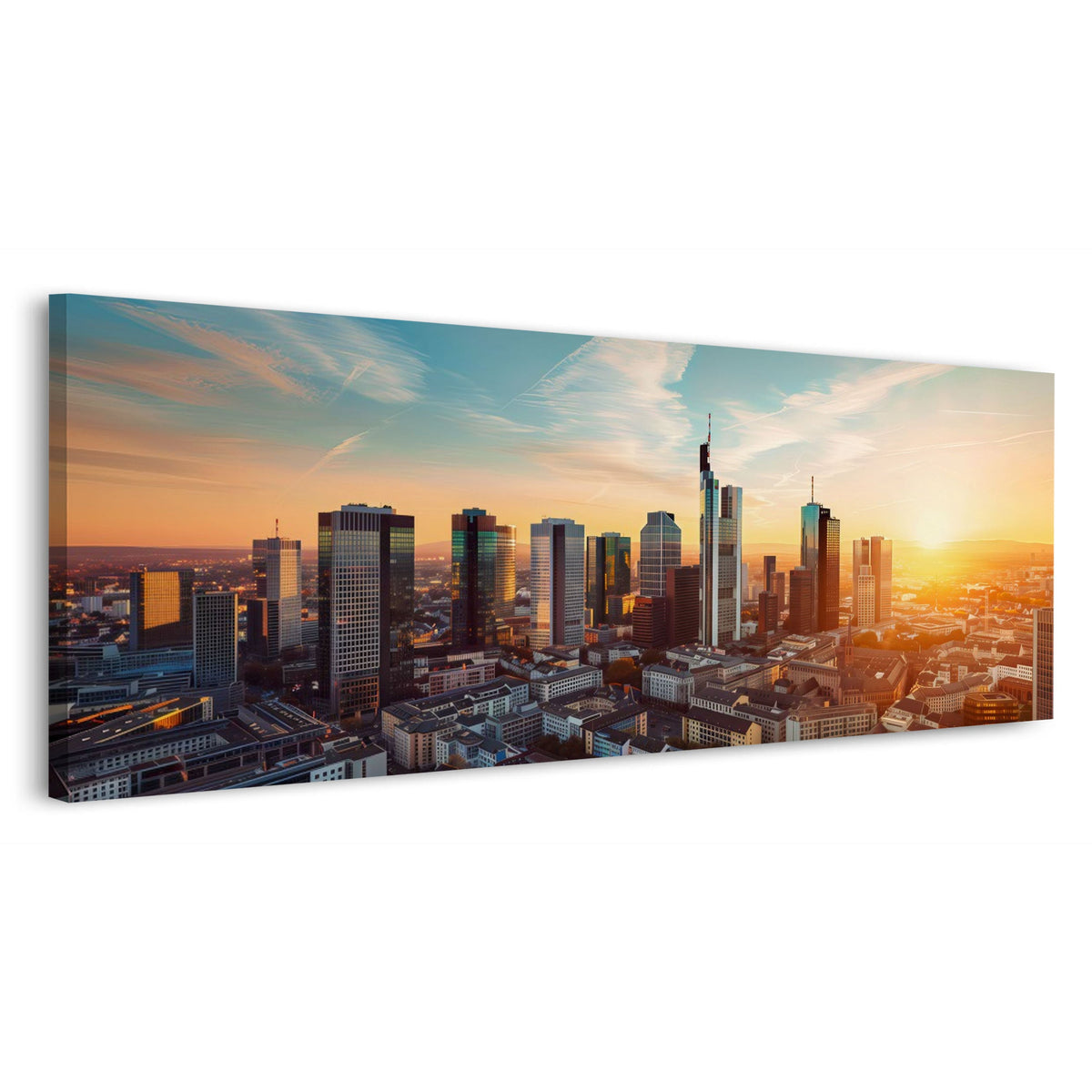 Panorama Wandbild mit Frankfurter Skyline im Abendlicht