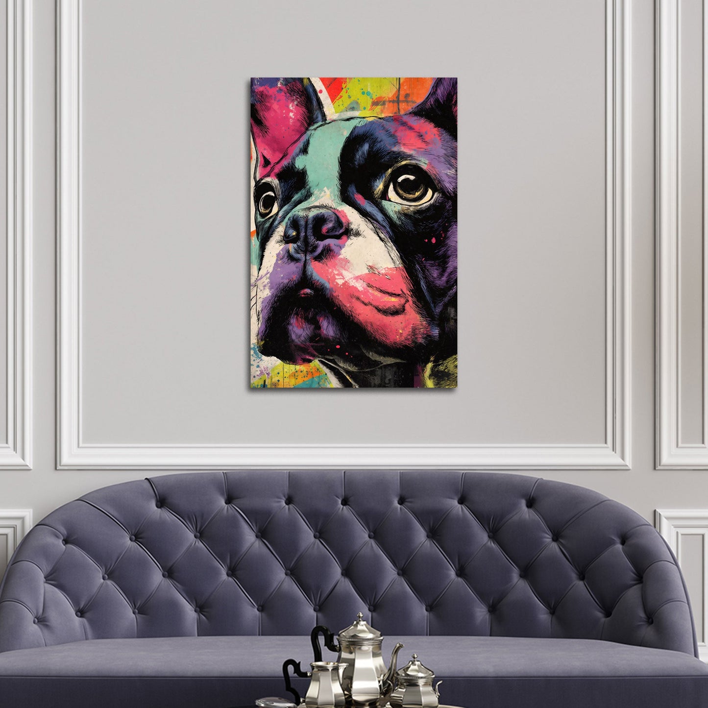 Französische Bulldogge in leuchtender Pop Art Wandbild