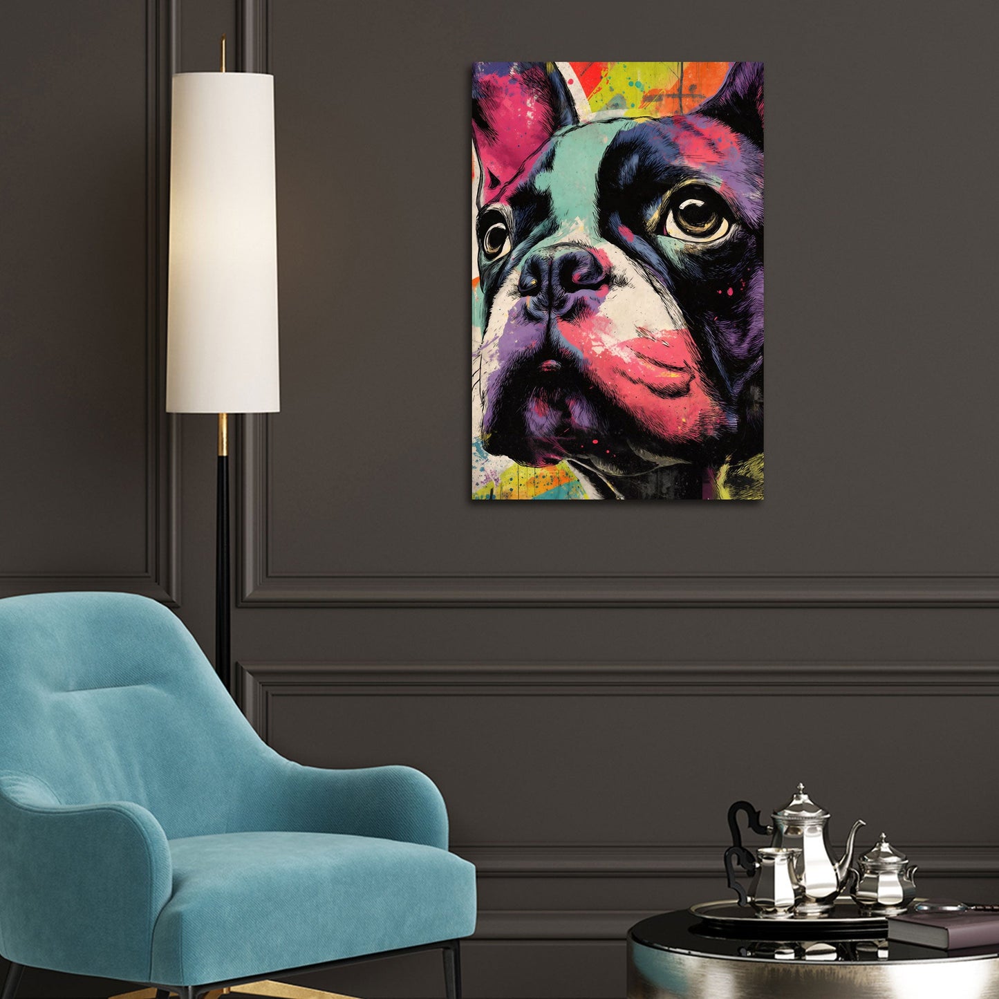 Französische Bulldogge in leuchtender Pop Art Wandbild