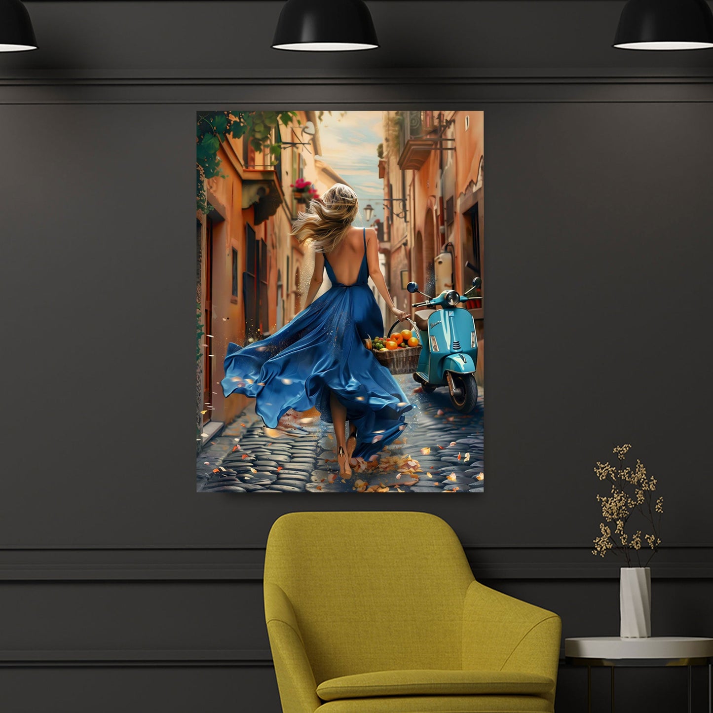 Frau im blauen Kleid mit Vespa in sonniger Gasse Wandbild