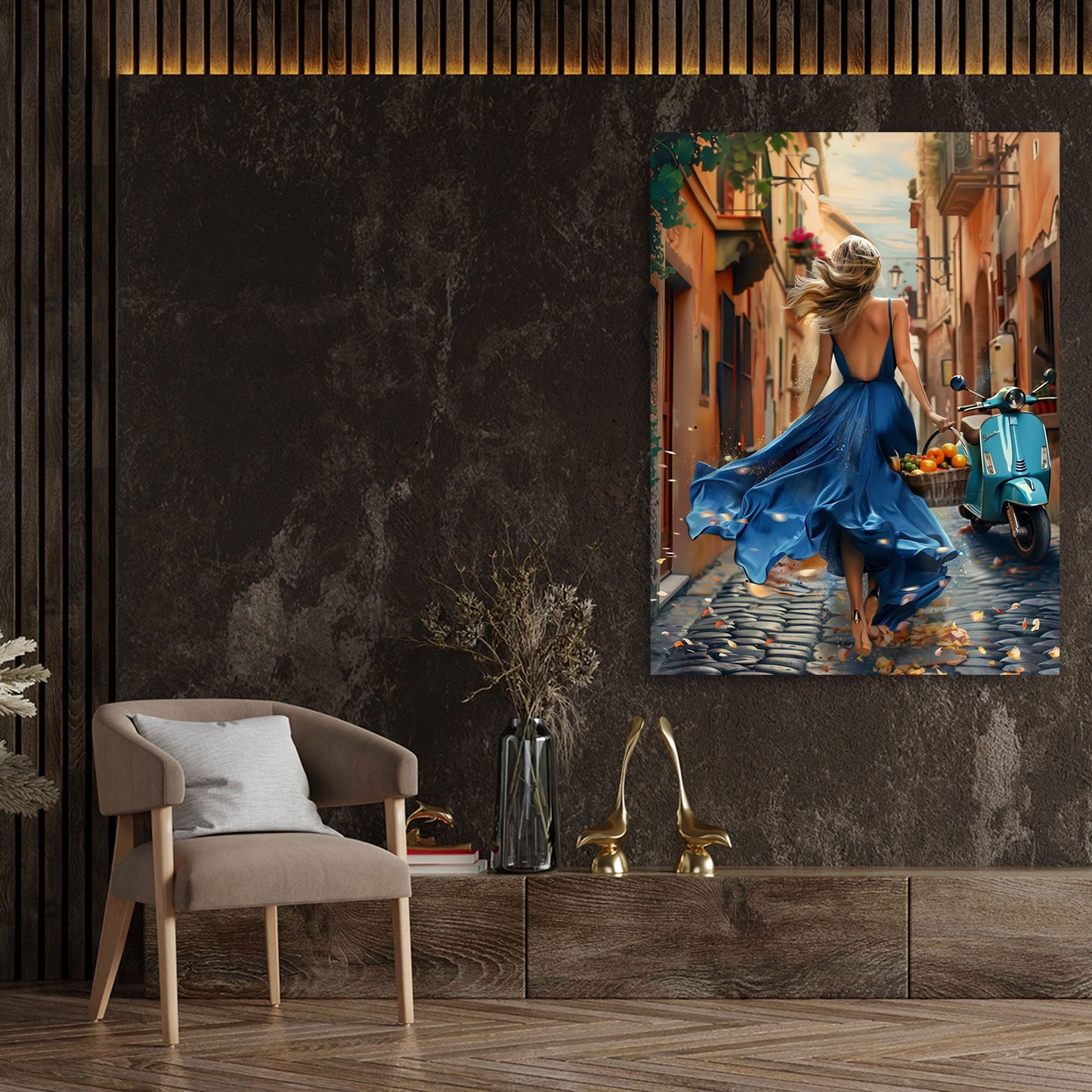 Frau im blauen Kleid mit Vespa in sonniger Gasse Wandbild
