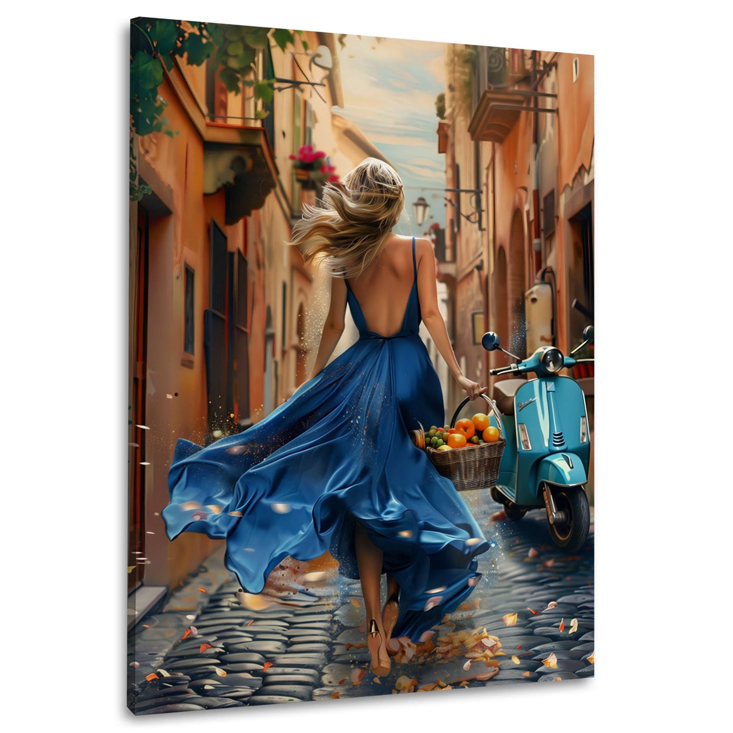 Frau im blauen Kleid mit Vespa in sonniger Gasse Wandbild