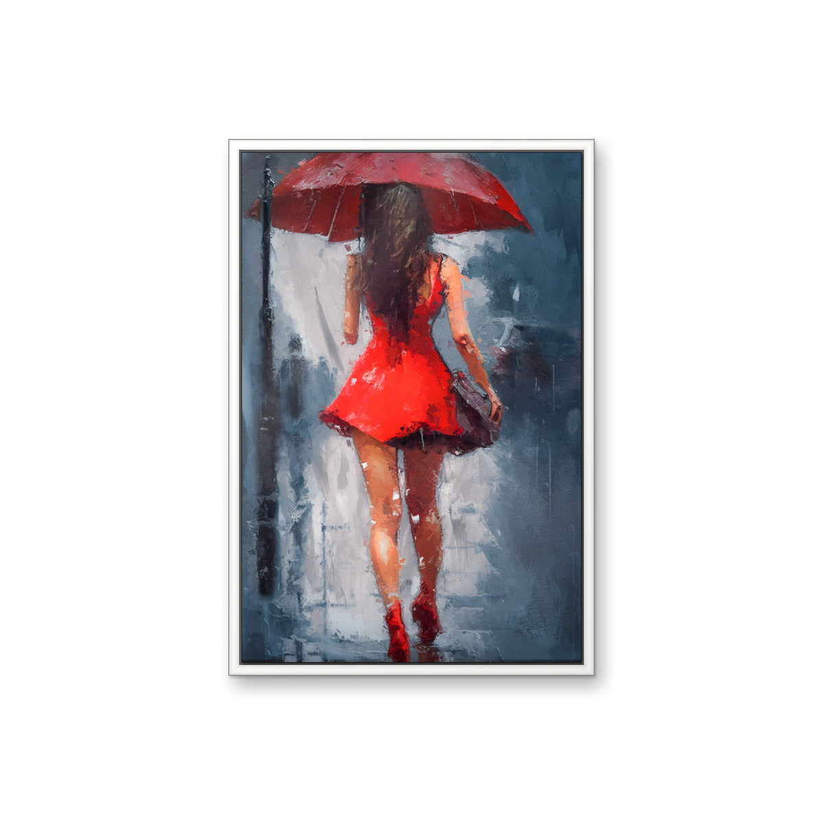 Frau im roten Kleid – Acrylglas im Schattenfugenrahmen Weiß