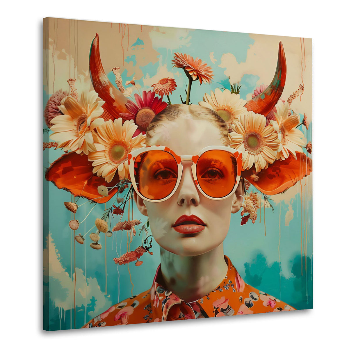 Surreales Wandbild mit Frau, Blüten und Sonnenbrille