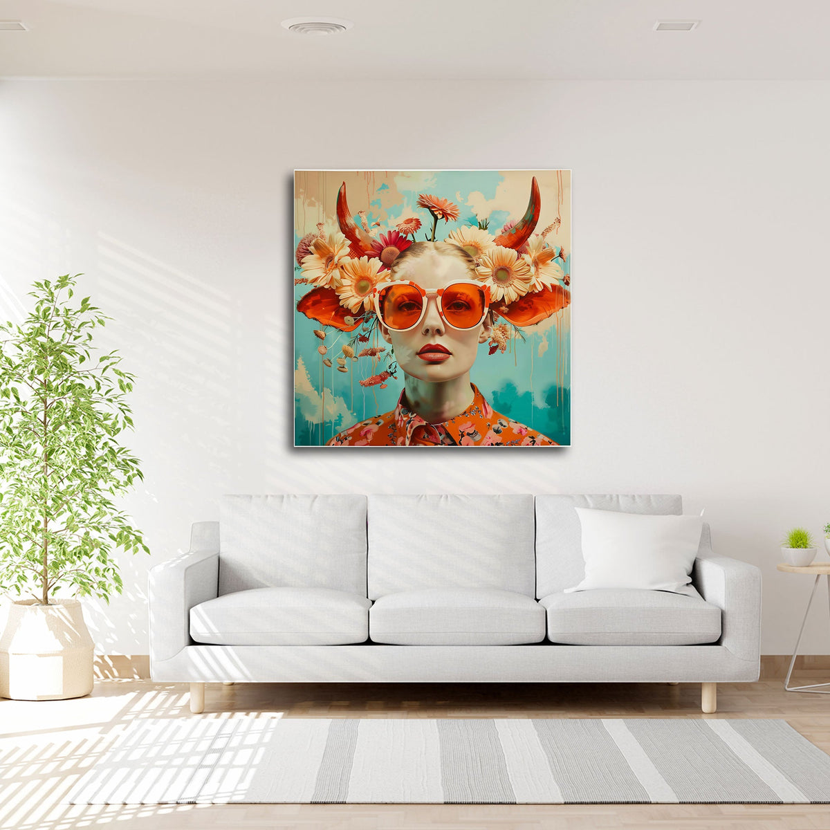 Farbenfrohes Collage Wandbild als Blickfang im Wohnraum