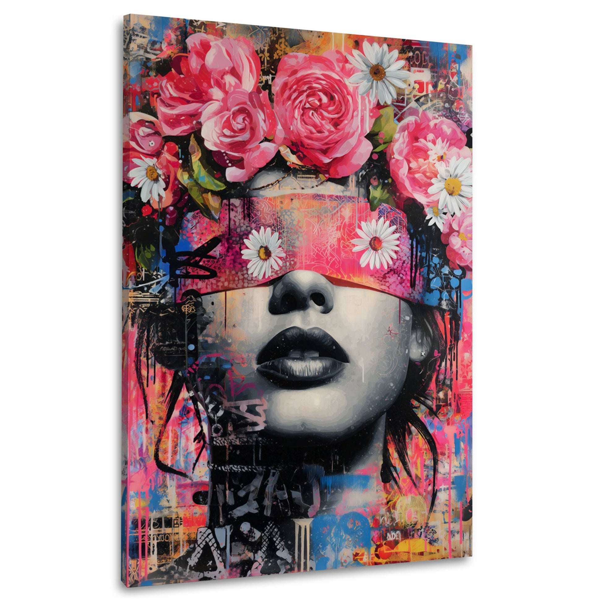 Frau mit Blumenkrone im bunten Street Art Stil Wandbild