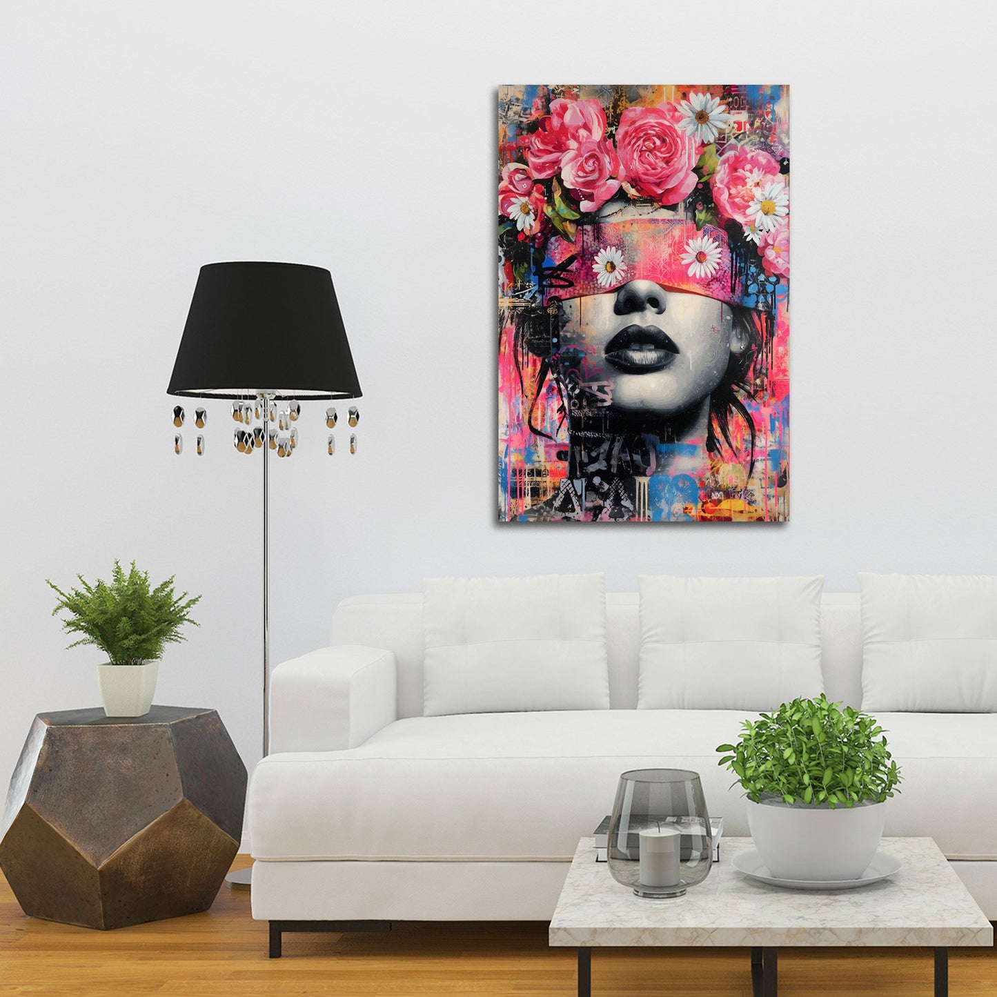 Frau mit Blumenkrone im bunten Street Art Stil Wandbild