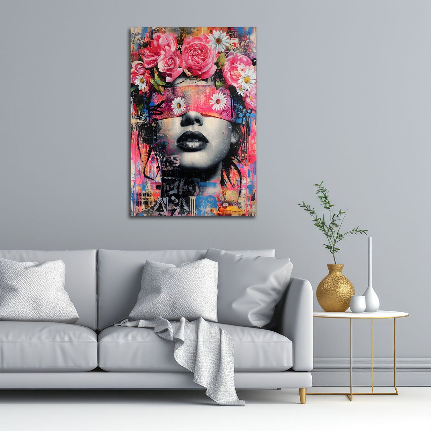 Frau mit Blumenkrone im bunten Street Art Stil Wandbild