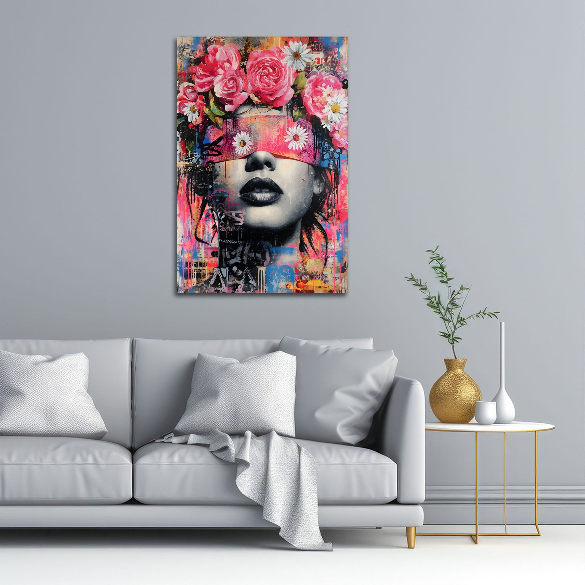 Frau mit Blumenkrone im bunten Street Art Stil Wandbild