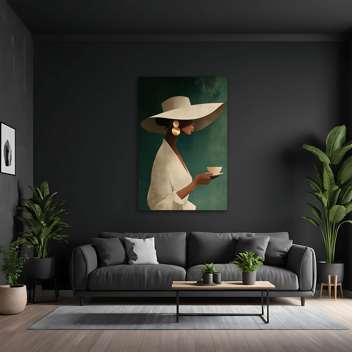 Elegantes Porträt Wandbild über dem Sideboard im Wohnzimmer
