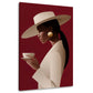 Minimalistisches Wandbild mit Frau, Hut und Kaffeetasse vor Rot