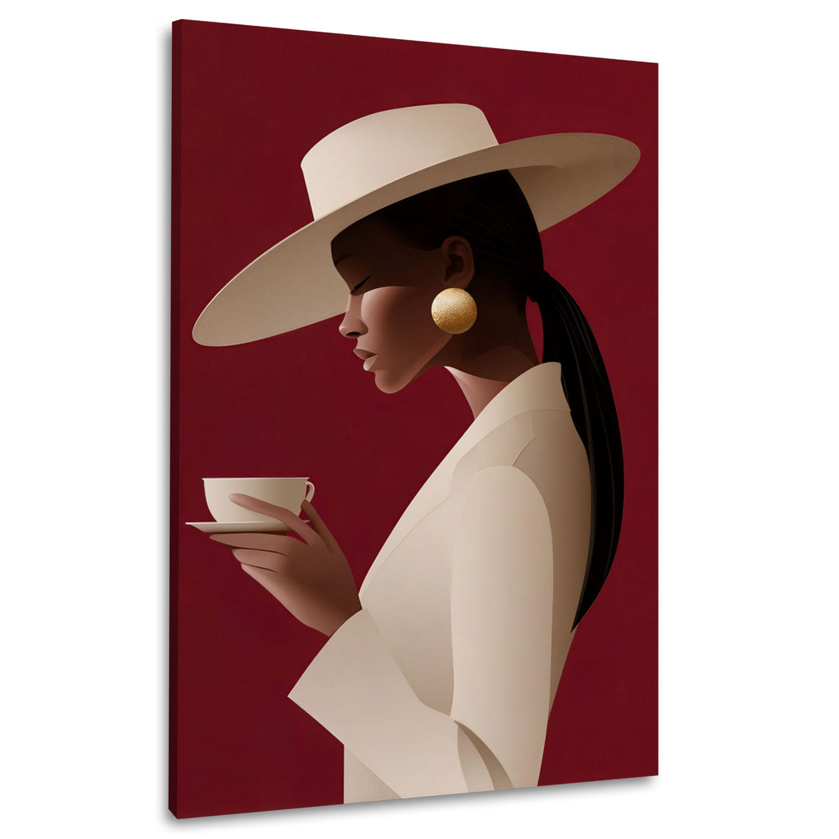 Minimalistisches Wandbild mit Frau, Hut und Kaffeetasse vor Rot
