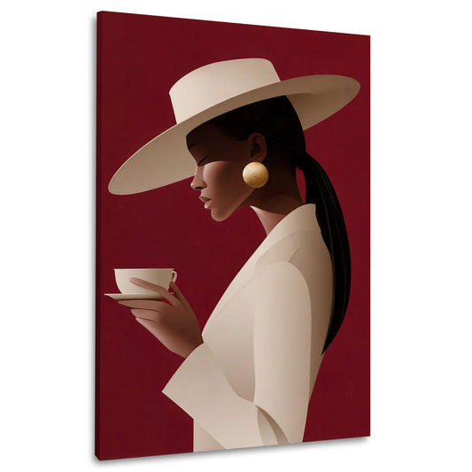 Minimalistisches Wandbild mit Frau, Hut und Kaffeetasse vor Rot