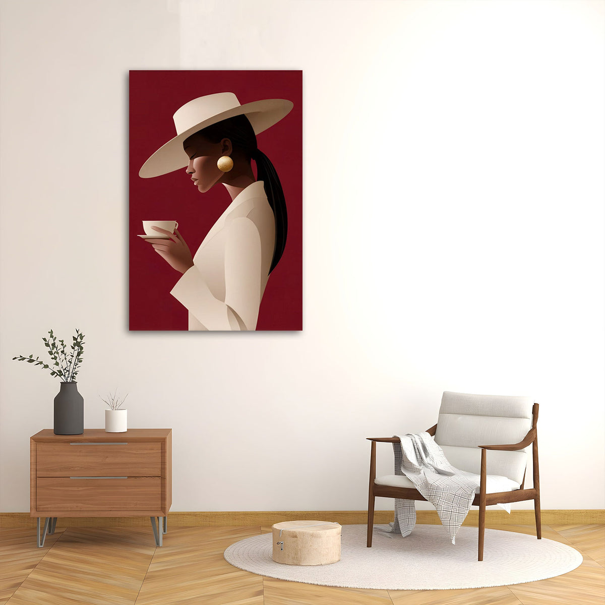 Frauen Porträt Wandbild über dem Sideboard im Wohnzimmer