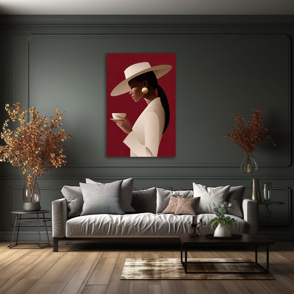 Stilvolles Lifestyle Wandbild als Akzent im hellen Wohnraum