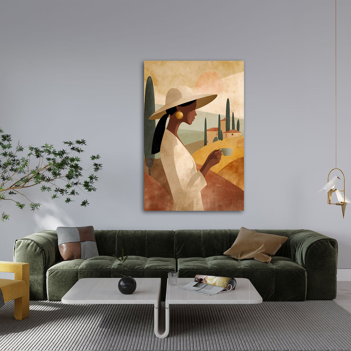 Lifestyle Wandbild in Erdtönen über dem Sideboard im Wohnzimmer