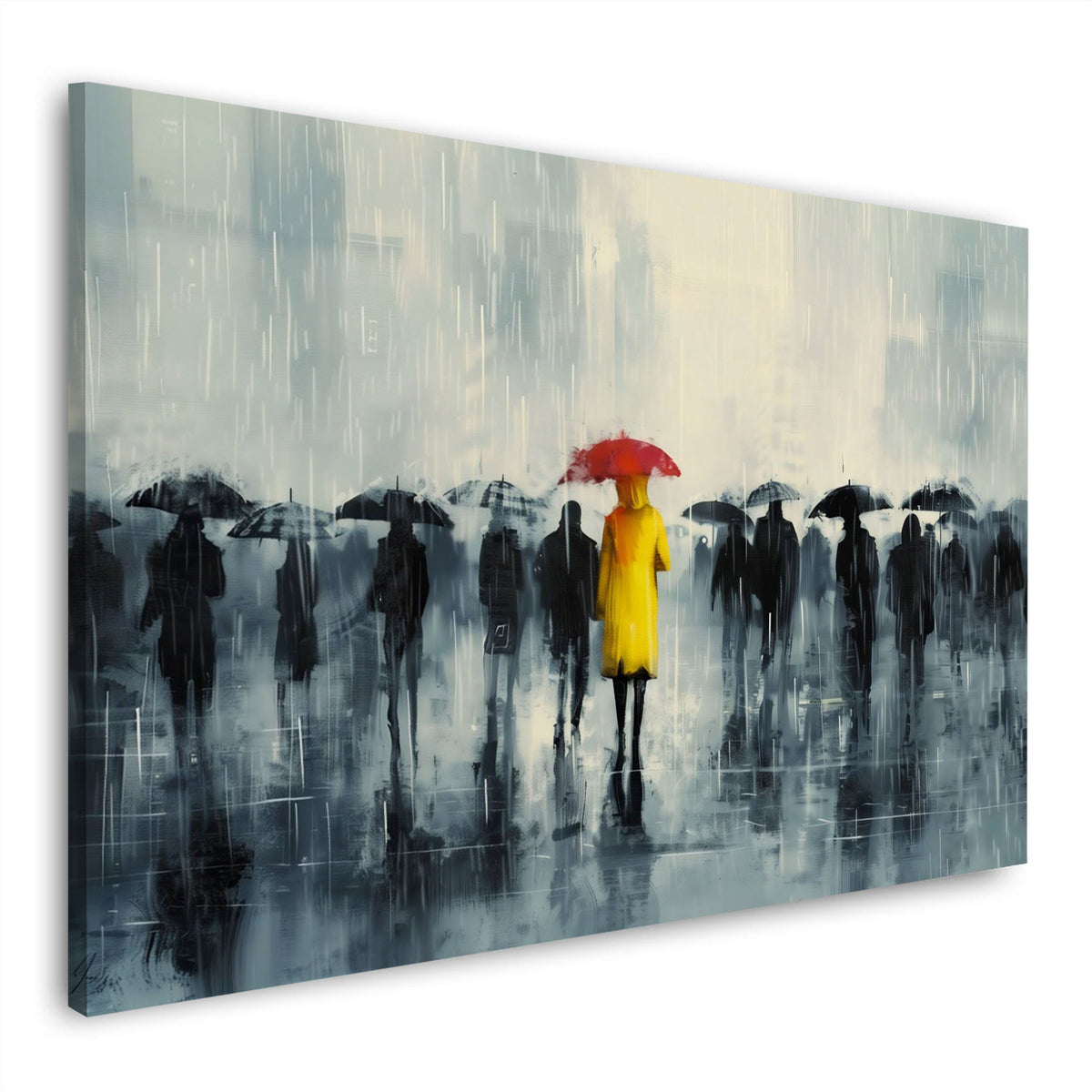 Frau mit rotem Schirm und gelbem Mantel im Regen als Wandbild