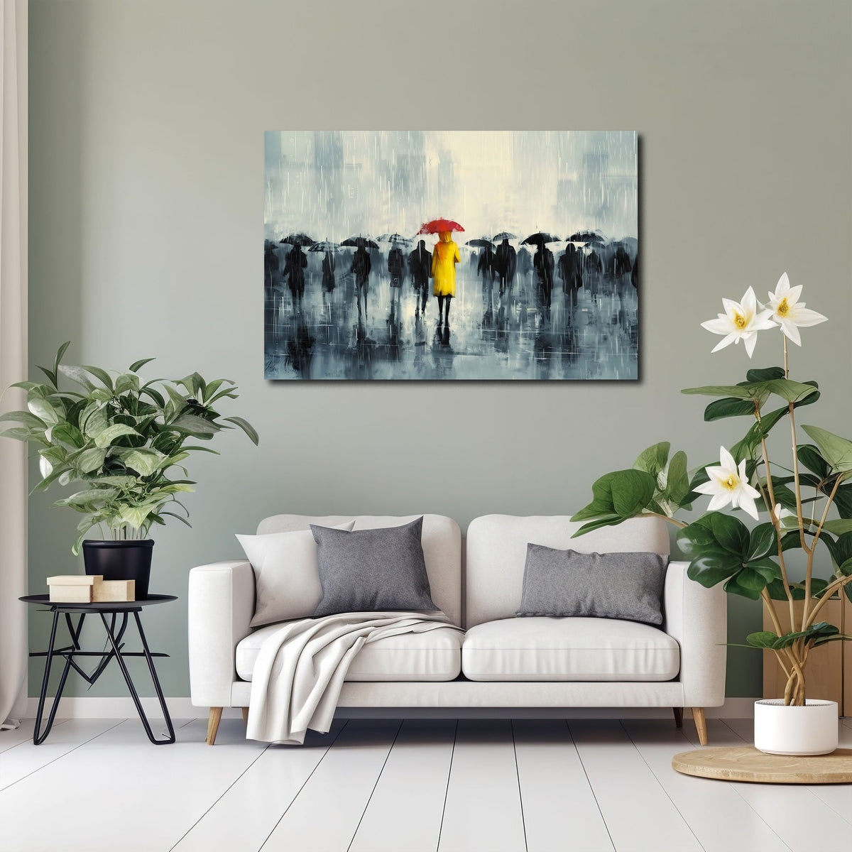 Regenmotiv als Wandbild über dem Sofa im Wohnzimmer