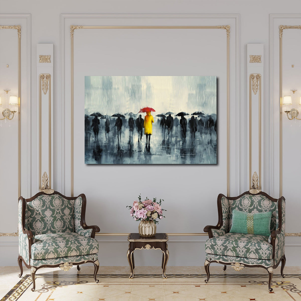 Frau im gelben Mantel als Wandbild im Flur