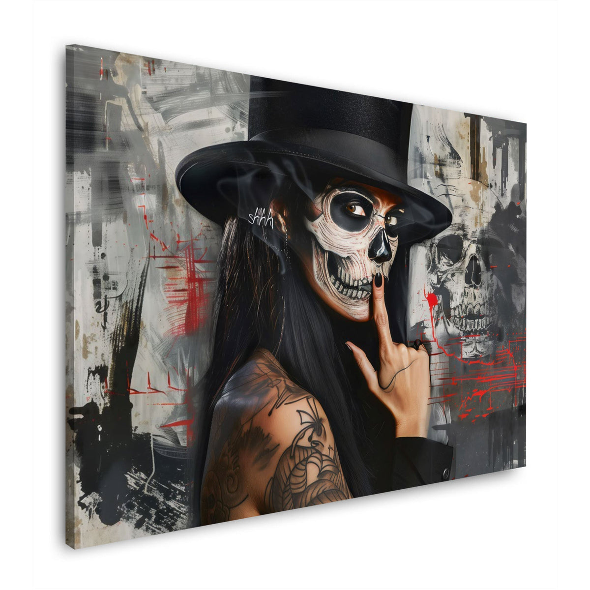 Wandbild Frau mit Skull Make-up und Zylinder vor Graffiti Wand