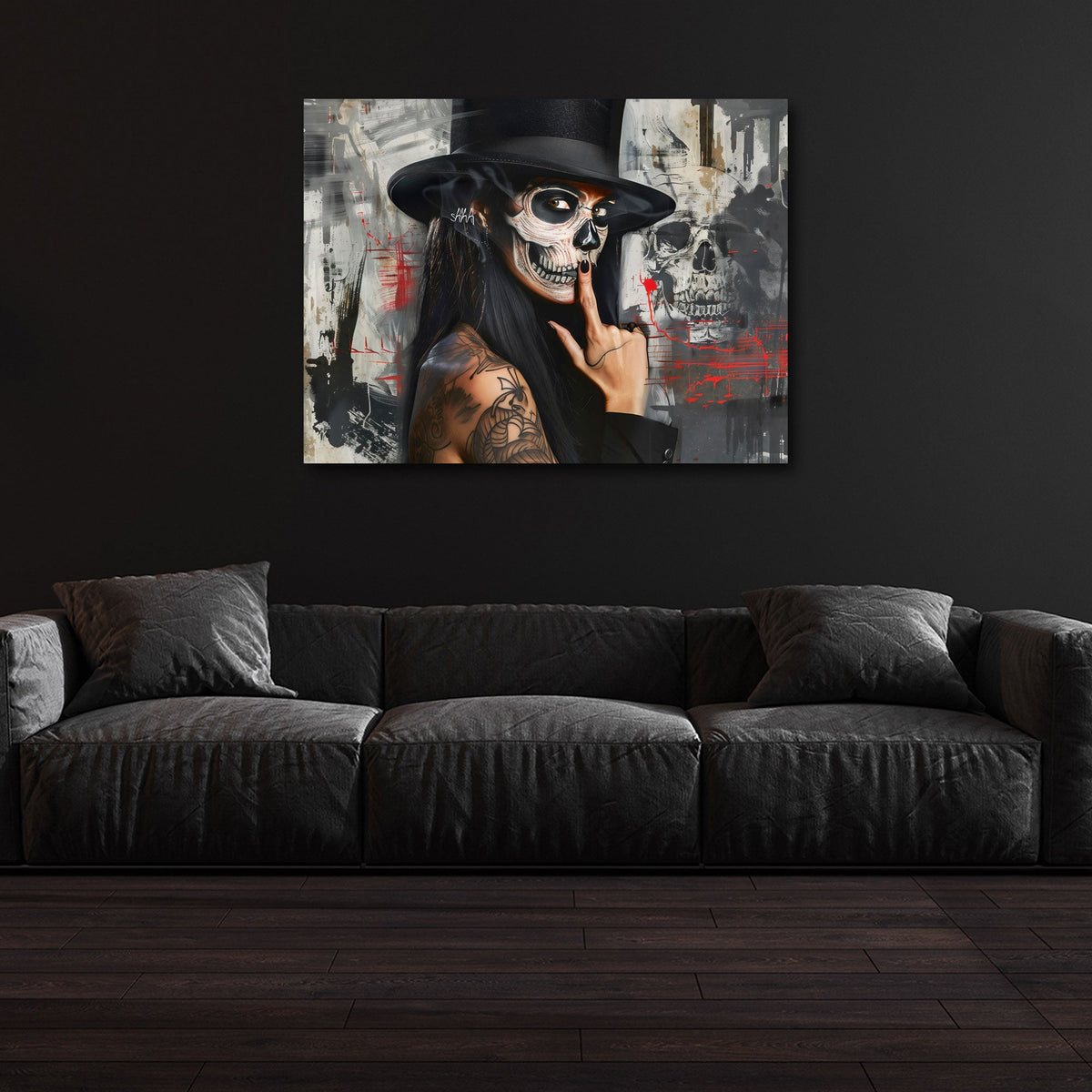 Porträt Wandbild im Querformat über dem Sofa