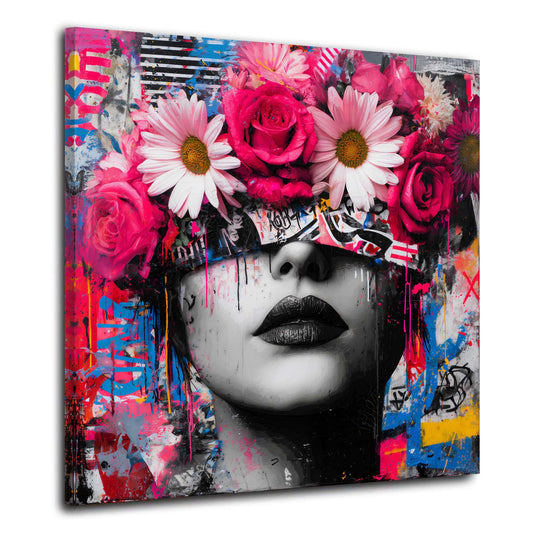 Frauenportrait mit Blumen im Graffiti Stil Wandbild