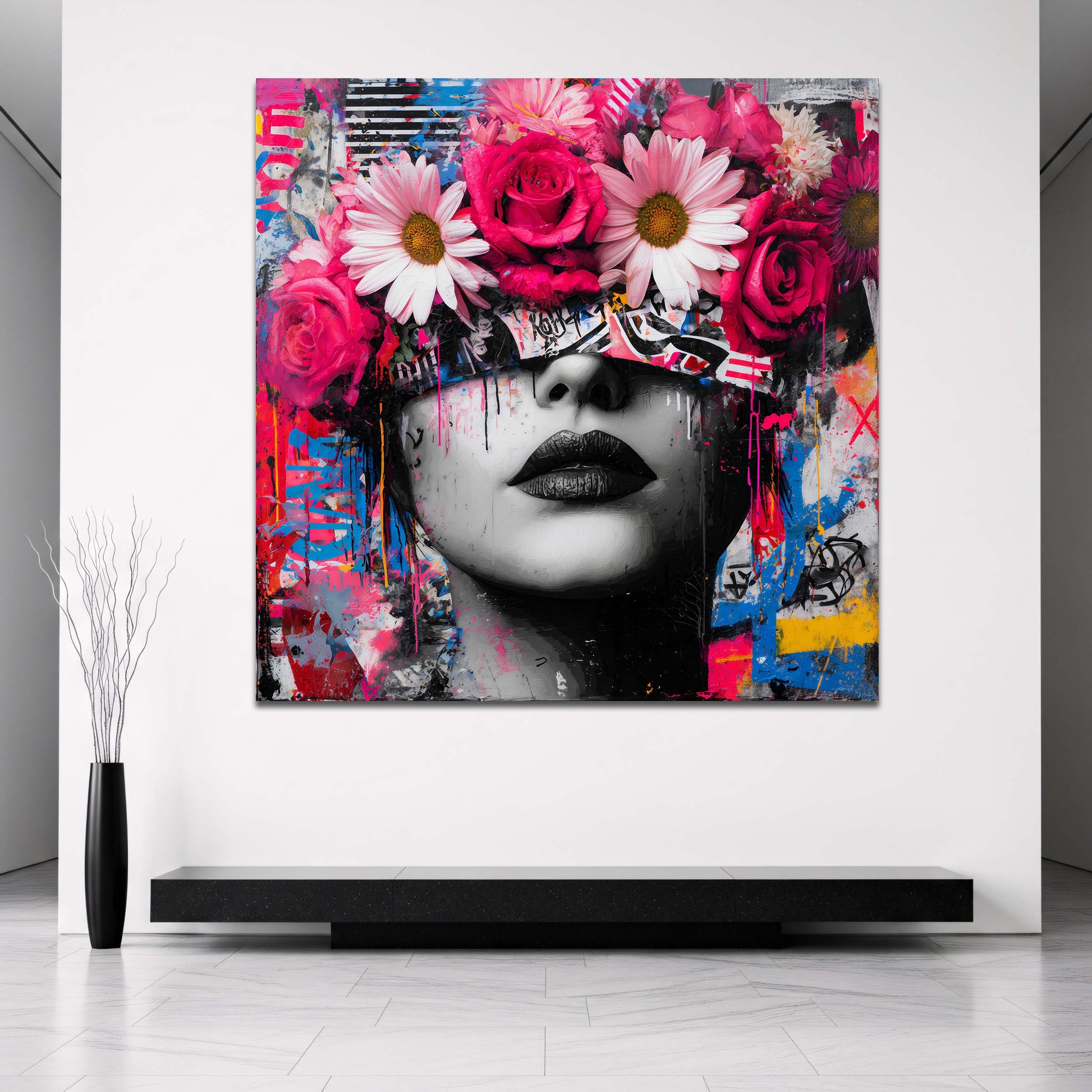 Frauenportrait mit Blumen im Graffiti Stil Wandbild